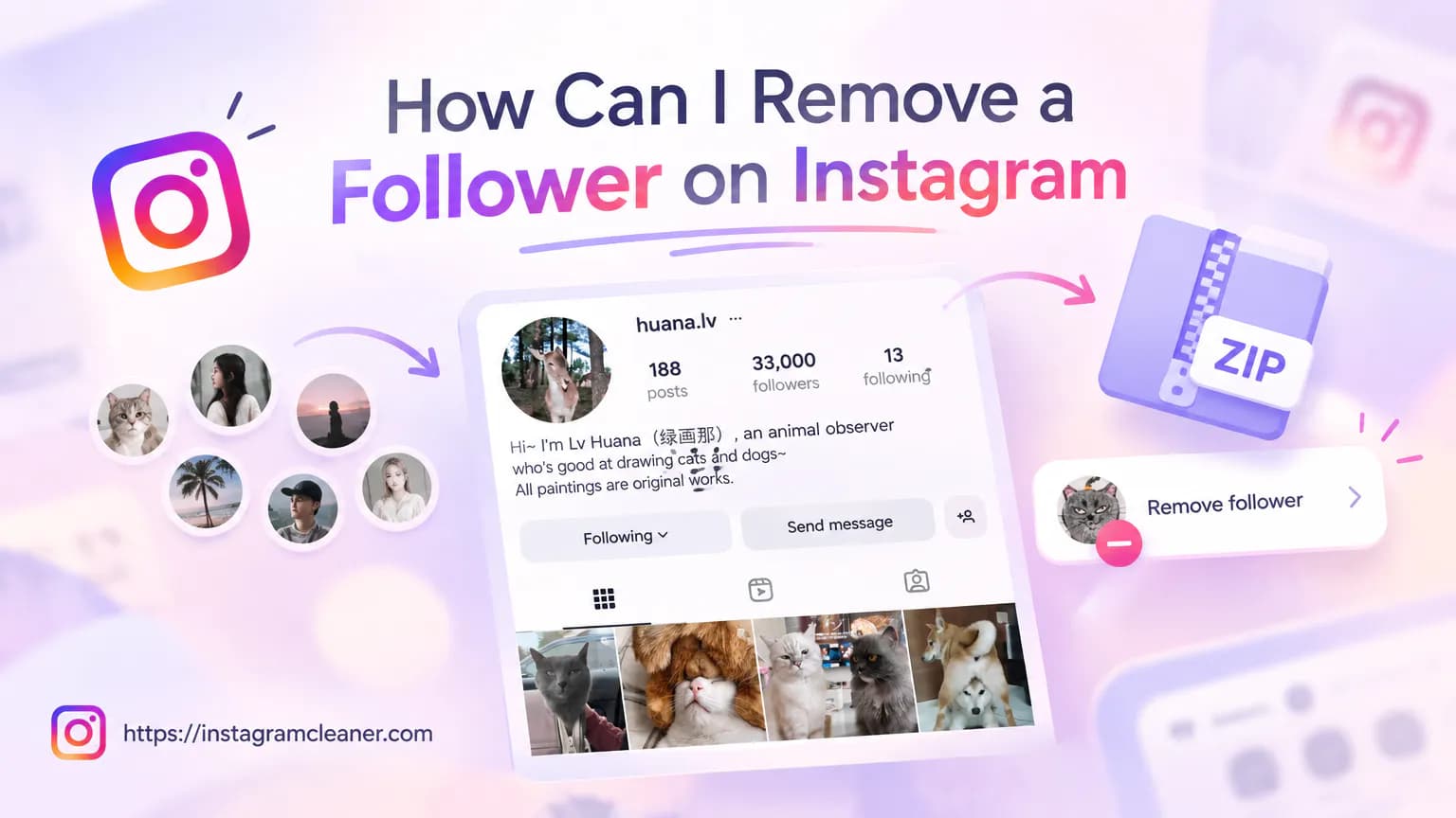 How to remove a follower on Instagram with a profile, follower list and Remove action illustration