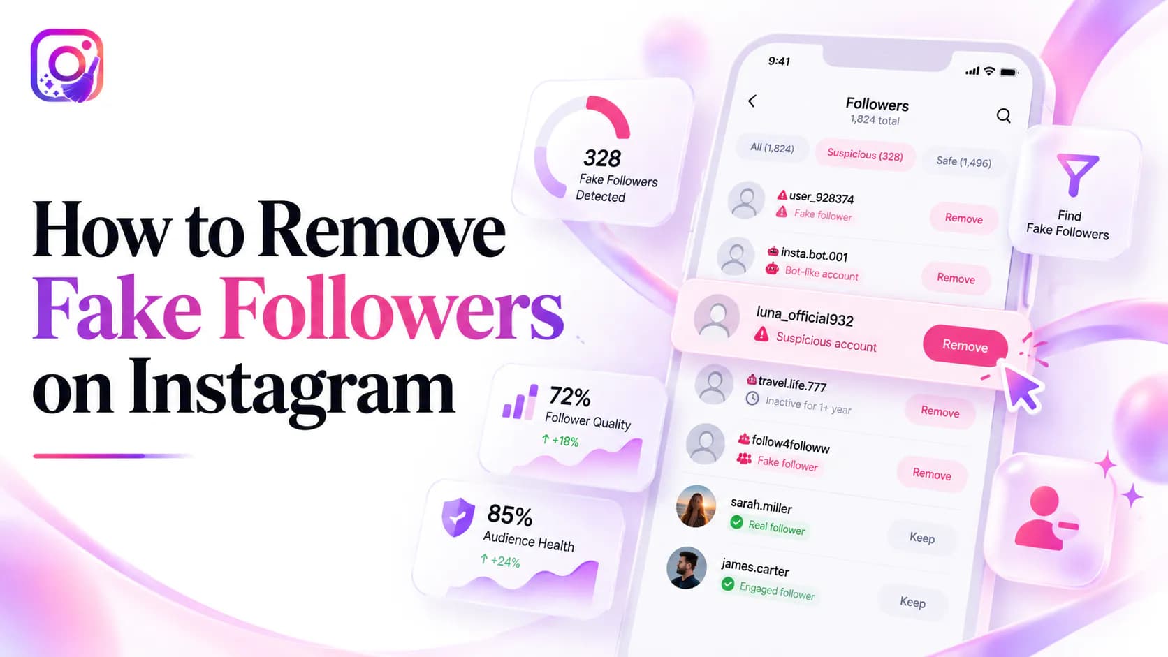How to remove fake followers on Instagram, with a followers list of real accounts beside a suspicious followers panel flagging bot-like and inactive profiles
