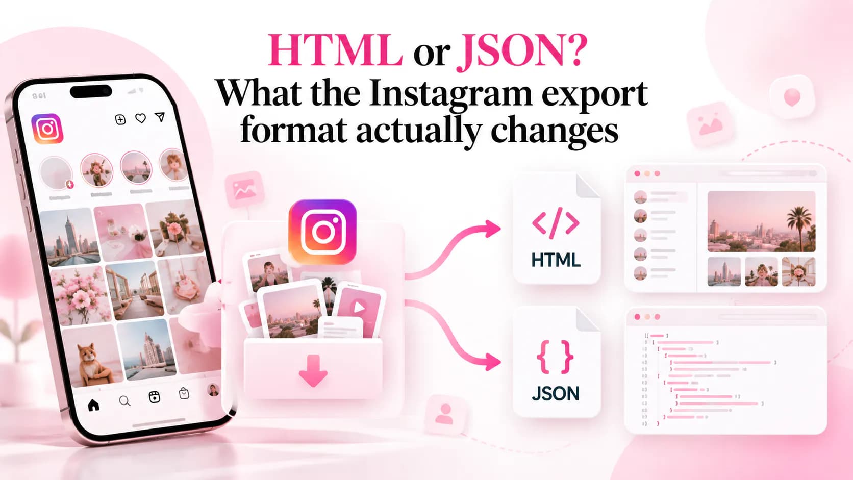A phone’s Instagram export splitting into two paths, an HTML document opened in a browser and a JSON file with its raw code visible