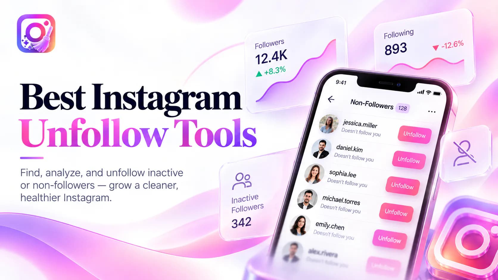 Best Instagram unfollow tools in 2026 with follower and non-follower analytics beside a phone showing a non-followers list