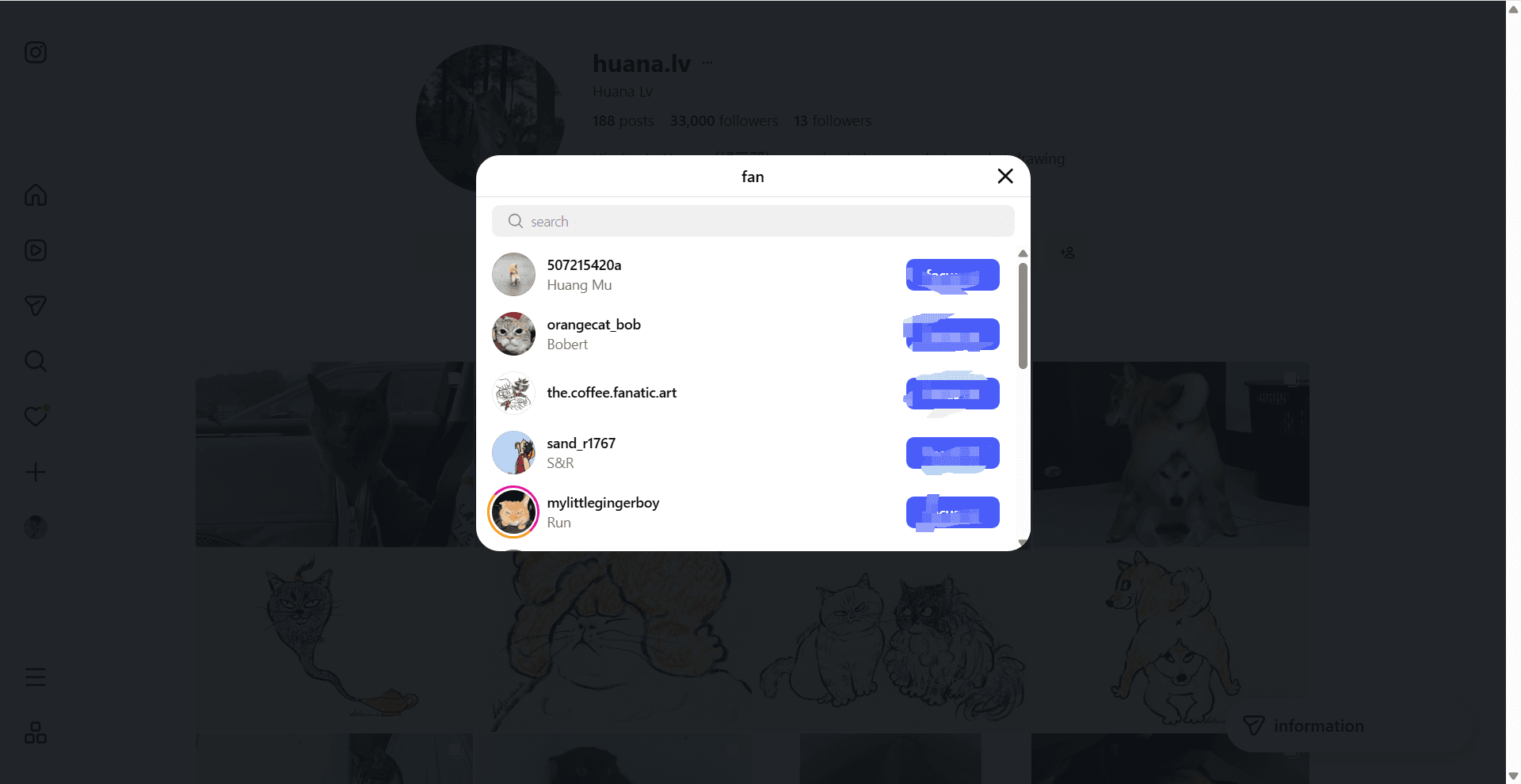 Instagram Followers list with the search field and account rows visible